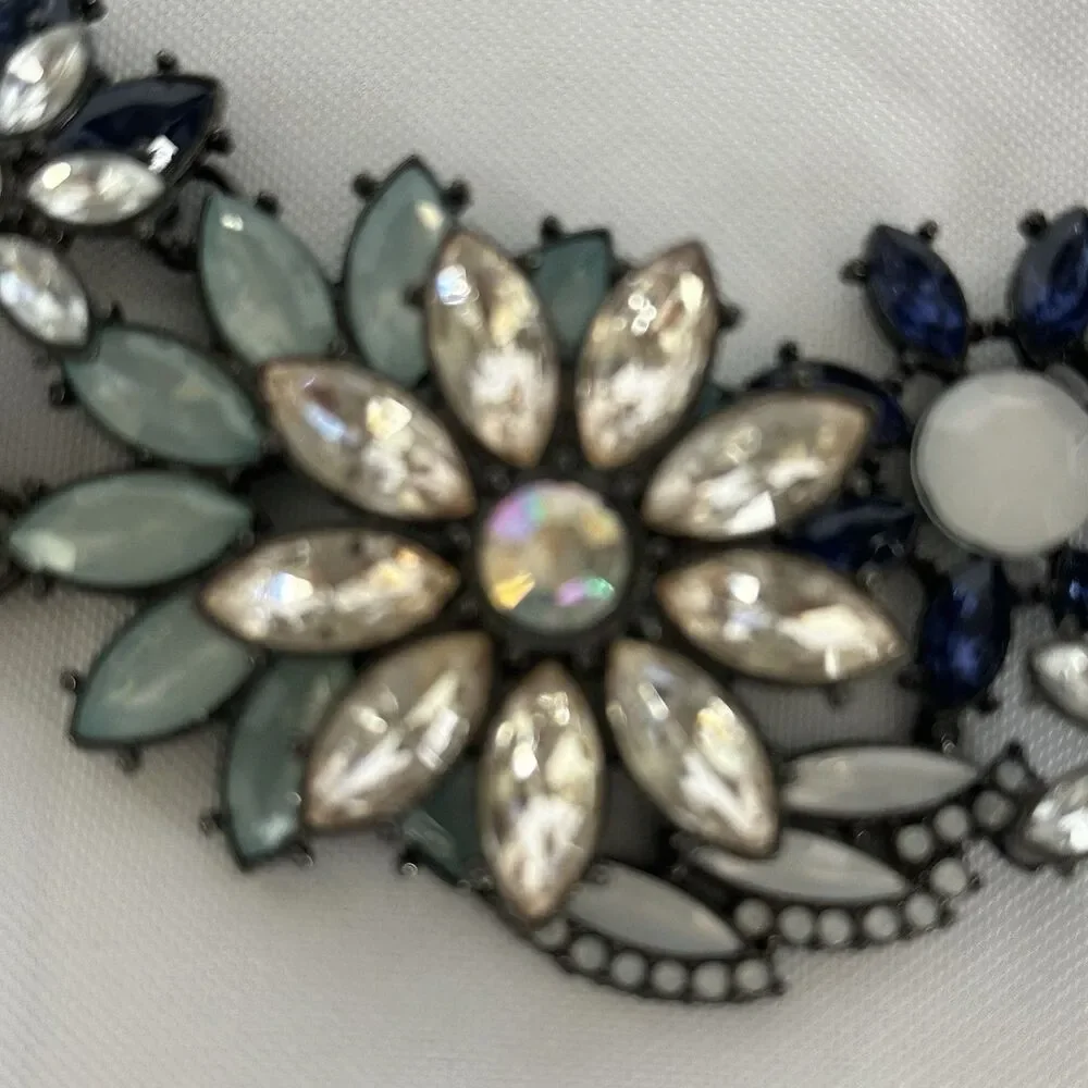 Joan Rivers Statement Necklace Rhinestone Blue Flowers Gunmetal Chain with Clasp